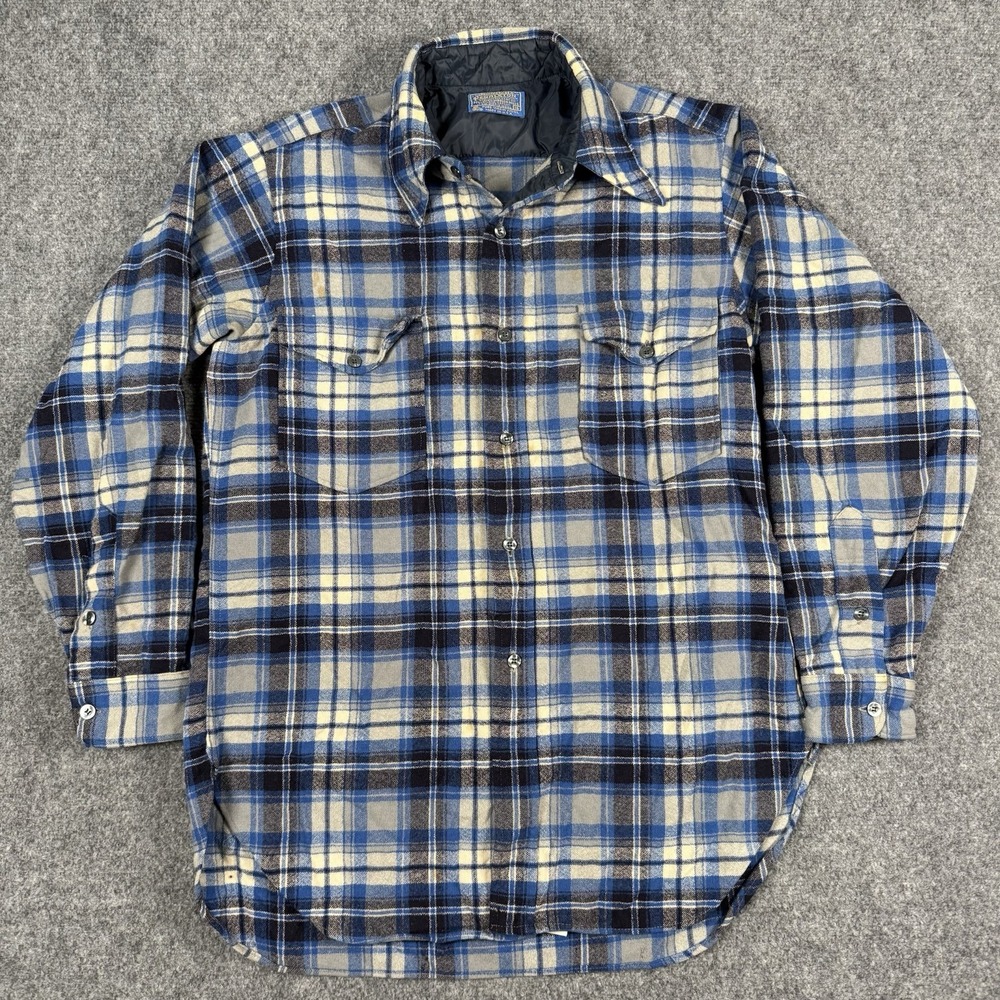 🌲 Vintage Pendleton Wool Shirt Mens 16 Large Blue Shadow Plaid Flannel USA Made